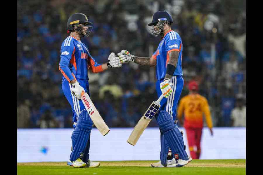 Abhishek Sharma and Suryakumar Yadav during India's T20 World Cup match against Zimbabwe, at the MA Chidambaram Stadium, in Chennai on Thursday.