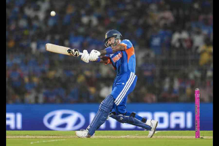 Hardik Pandya plays a shot during India's match against Zimbabwe, in Chennai on Thursday.