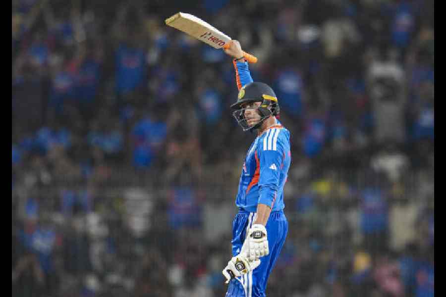 Abhishek Sharma celebrates after reaching his half-century, against Zimbabwe in Chennai on Thursday.