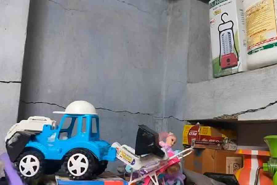 Cracks, which appeared on a building at Basirhat in North 24-Parganas, following the earthquake on Friday.  Picture by Pashupati Das