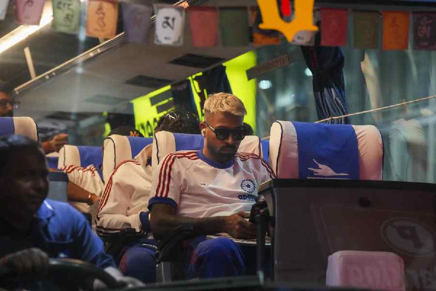 Hardik Pandya aboard the team bus following Team India’s arrival in Calcutta on Friday, ahead of their must-win Super Eight clash with the West Indies at Eden Gardens.