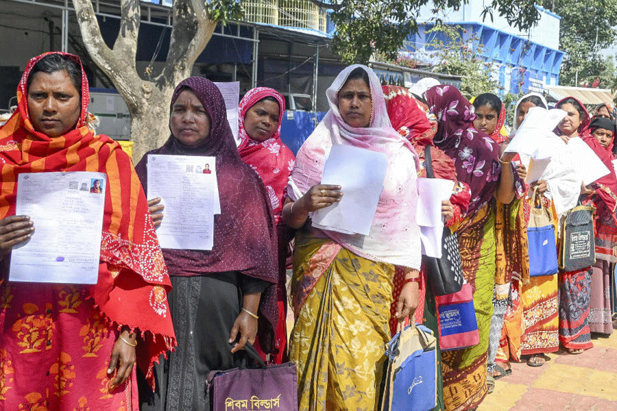 People wait in queues during hearings under the Special Intensive Revision of electoral rolls, at Krishnanagar, in Nadia, West Bengal