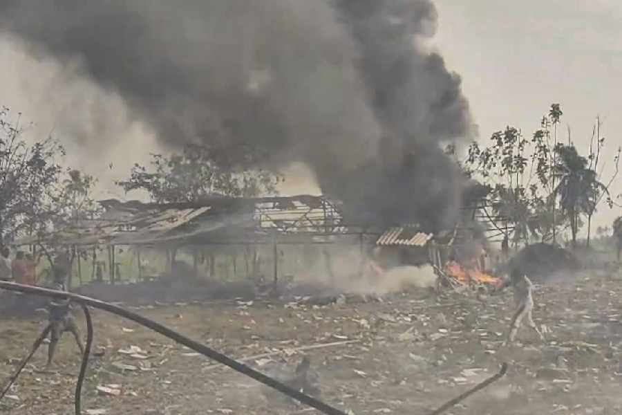 Smoke billows following an explosion at a crackers unit, in Kakinada district, Andhra Pradesh, Saturday, Feb. 28, 2026