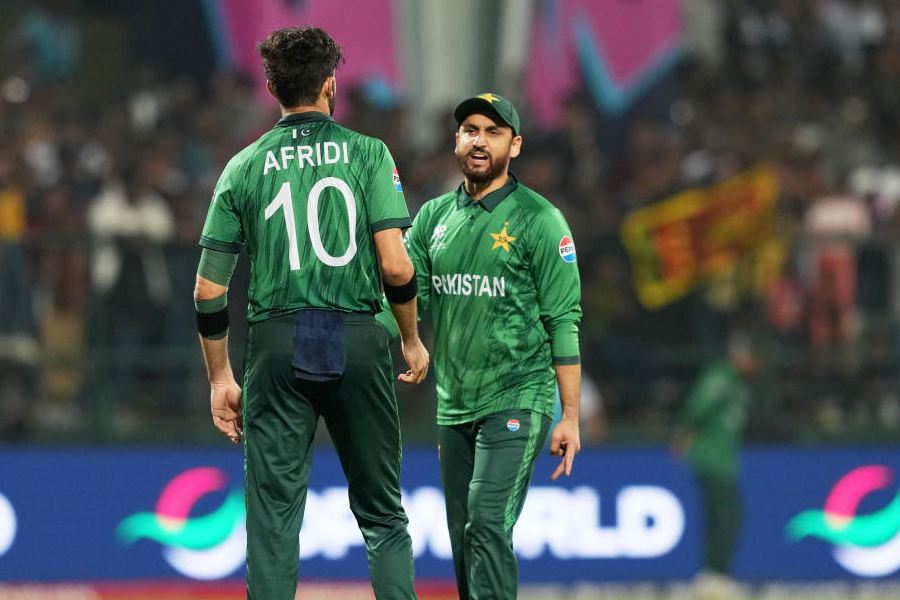 Pakistan's captain Salman Ali Agha, right, has a word with teammate Shaheen Shah Afridi during the T20 World Cup cricket match between Pakistan and Sri Lanka in Pallekele, Sri Lanka, Saturday, Feb. 28, 2026.