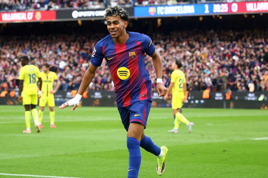 FC Barcelona's Lamine Yamal celebrates scoring their second goal