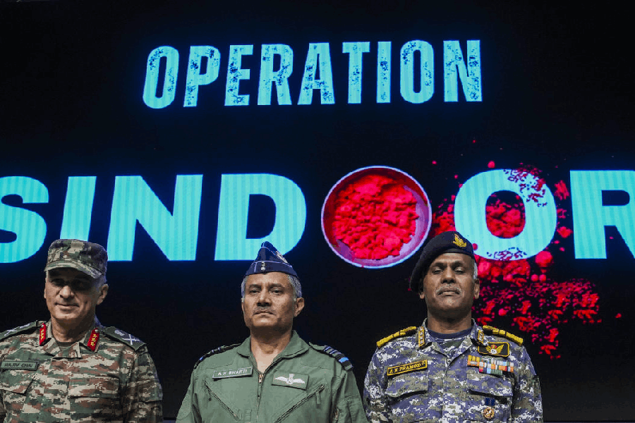 Director General of Military Operations (DGMO) Lt General Rajiv Ghai with Air Marshal AK Bharti and Vice Admiral AN Pramod during a press conference on 'Operation Sindoor', in New Delhi, Monday, May 12, 2025.