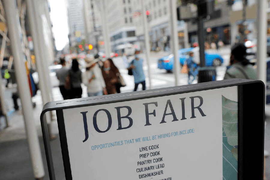 File photo: Signage for a job fair is seen on 5th Avenue after the release of the jobs report in Manhattan, New York City, U.S.