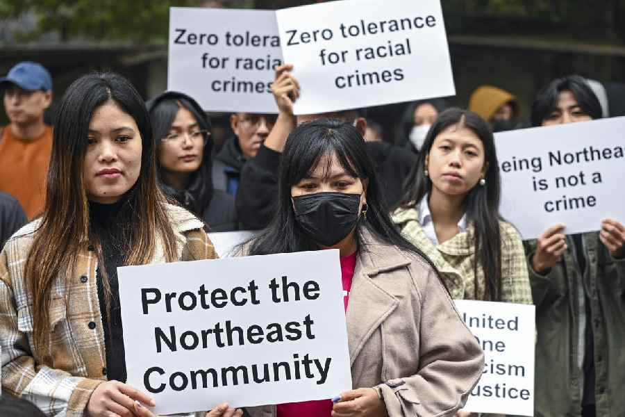 Northeast students union members in New Delhi on Wednesday protest against the killing of Angel Chakma.