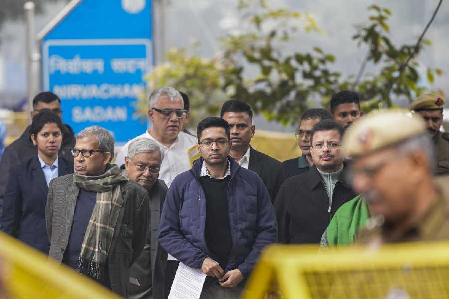 Abhishek Banerjee and other Trinamool leaders after a meeting with CEC Gyanesh Kumar in New Delhi on Wednesday.