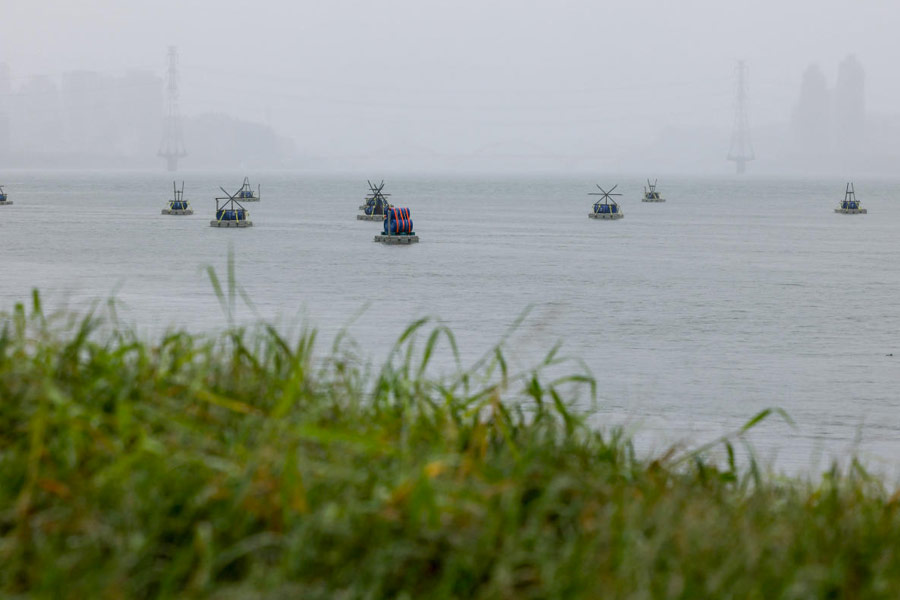 Explosive barrels placed by Taiwan military at the Tamsui river, as part of a series of emergency combat readiness drills, in response to China conducting "Justice Mission 2025" military drills around Taiwan, in Taipei, Taiwan, December 31, 2025.