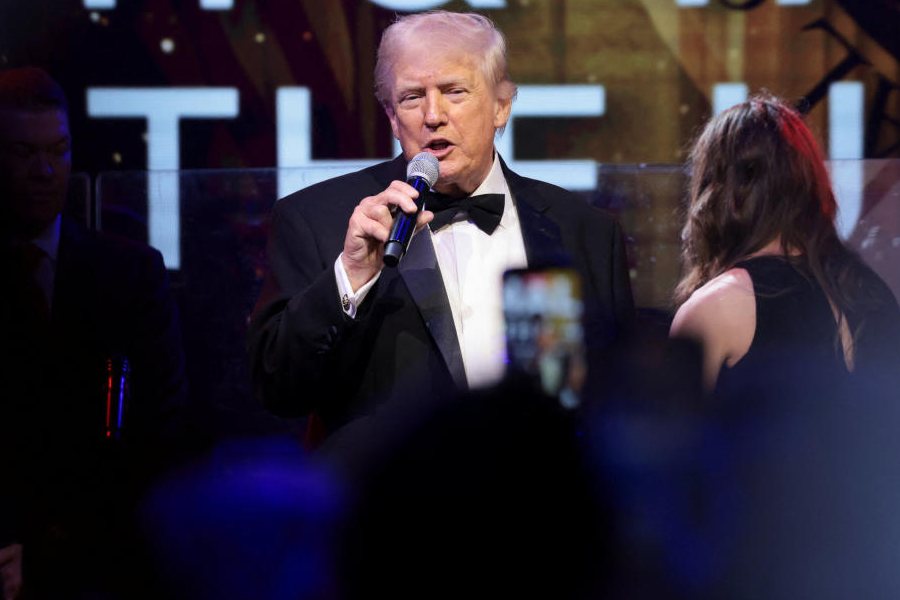 US President Donald Trump delivers remarks during a New Year's Eve party at his Mar-a-Lago Club in Palm Beach, Florida, US, December 31, 2025.