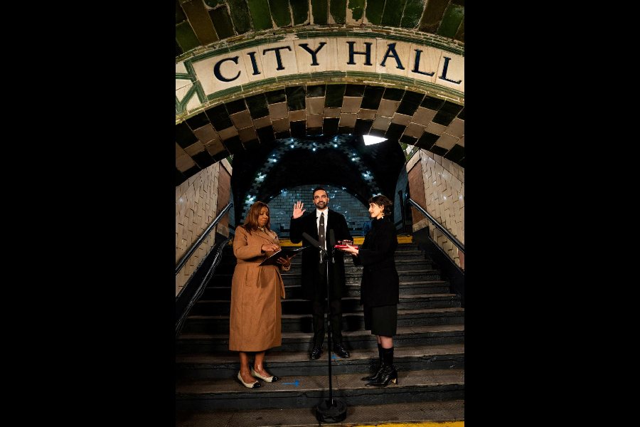 Zohran Mamdani being sworn in using a Quran as mayor of New York City, flanked by his wife Rama Duwaji (right) and attorney-general Letitia James, at Old City Hall Station on Thursday. 