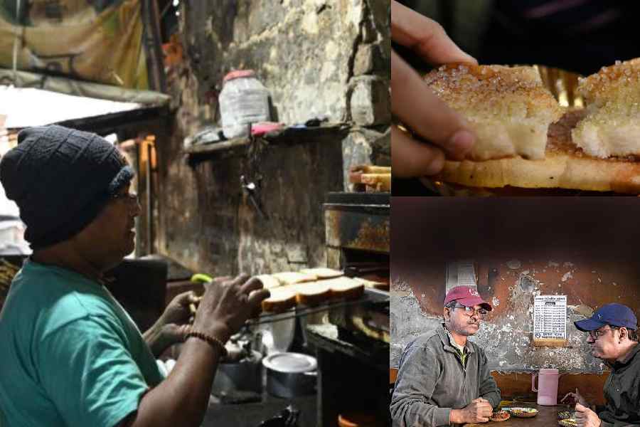 Half-pound bread slices being toasted in an old toaster and more scenes at National Economic Restaurant