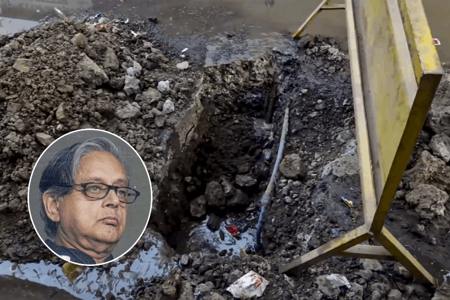 Exposed water pipeline at the site of contamination in Bhagirathpura where several people fell ill after consuming contaminated tap water, in Indore, Friday, Jan. 2, 2026,(inset) Shashi Tharoor