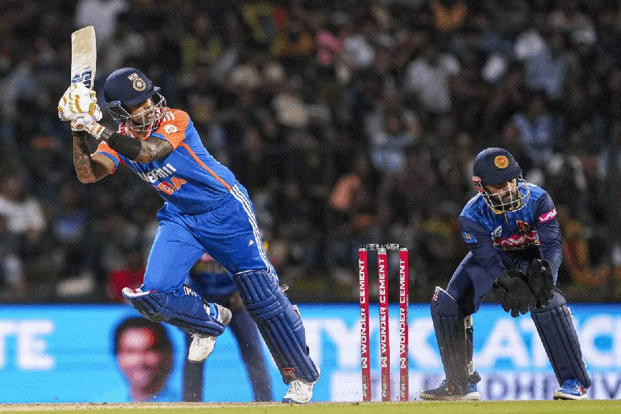 India's Suryakumar Yadav plays a shot during the first T20 International cricket match of a series between India and Sri Lanka at the Pallekele International Cricket Stadium, in Pallekele, Saturday, July 27, 2024.