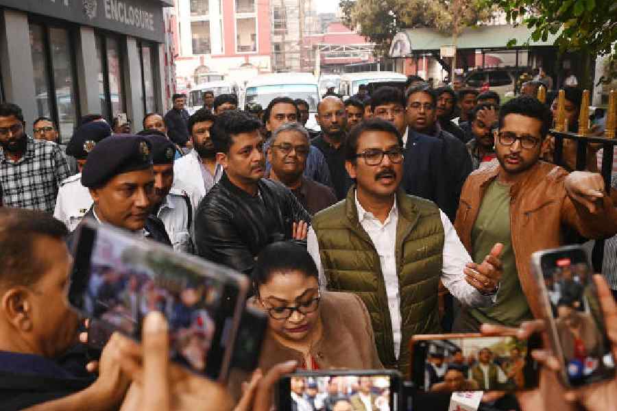 Members of the Tollywood film fraternity, including Parambrata Chattopadhayay, Jissu Sengupta, Shrikant Mohata and Nispal Singh, at Lalbazar on Friday. (Bishwarup Dutta)