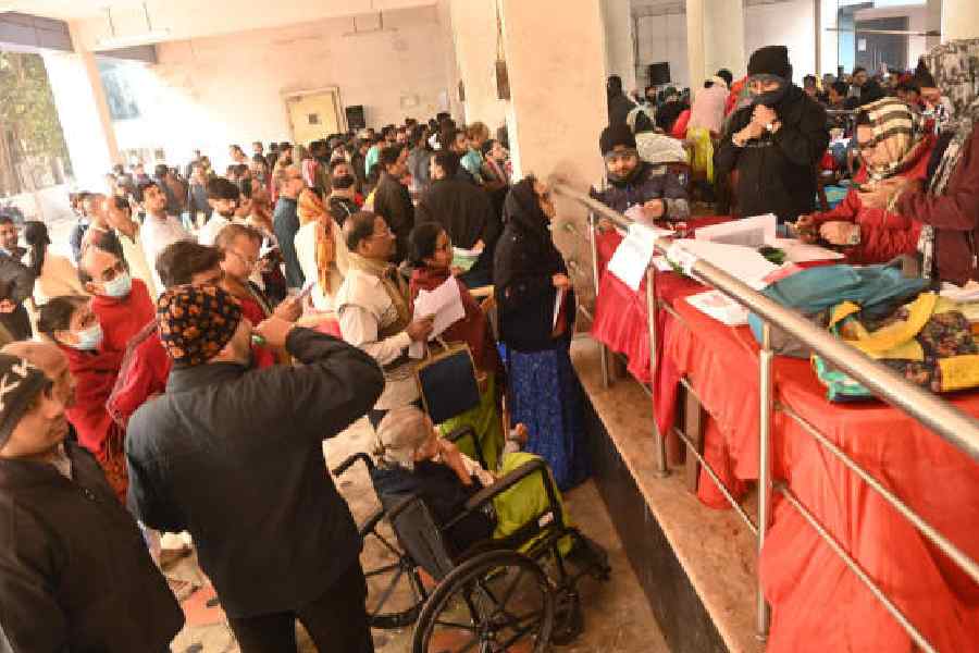 Voters at the PWD office in Baguiati for an SIR hearing on Wednesday afternoon. Picture by Bishwarup Dutta