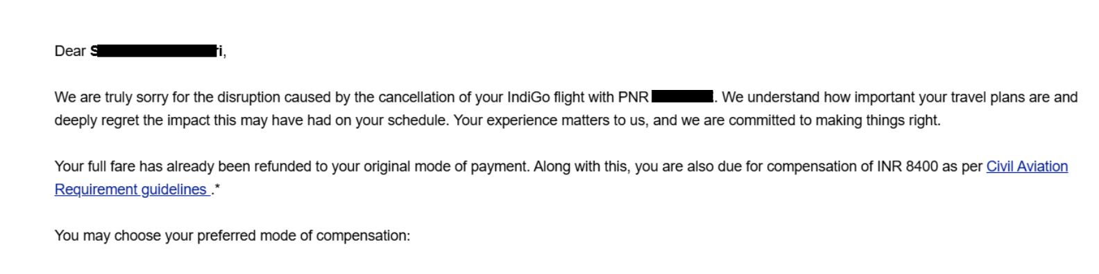 Mail sent by IndiGo to a passenger eligible for compensation