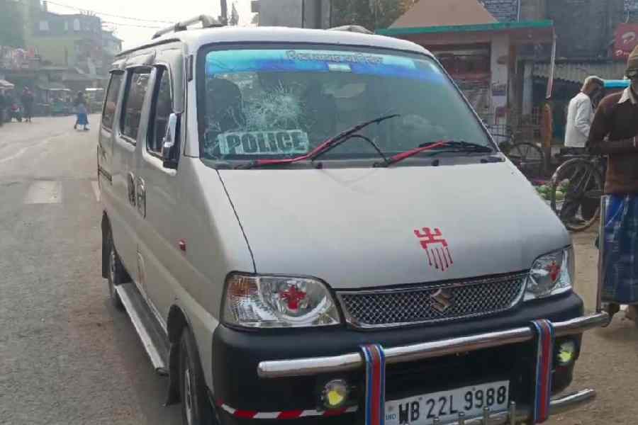 The police vehicle that was vandalised at Nazat in Sandeshkhali.