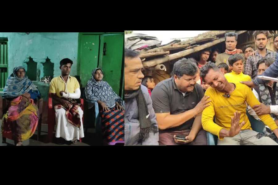(Left) Ezaz Ali with his family members at his home near Dhulian; Yadul Sheikh (in yellow T-shirt), who was attacked in Chhattisgarh.