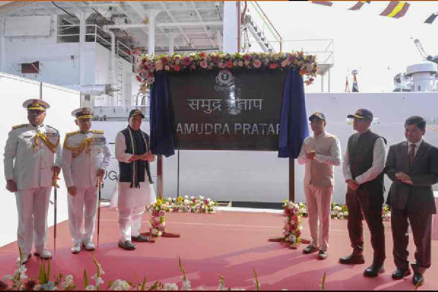 Rajnath Singh during the commissioning of Samudra Pratap in Goa.