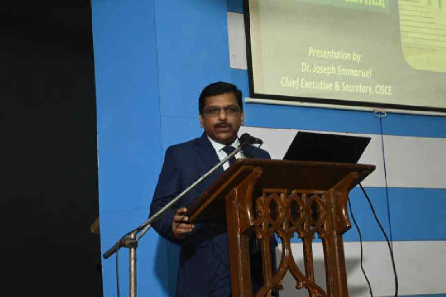 Joseph Emmanuel, chief executive and secretary of the CISCE, speaks at the 103rd annual conference of the Association of Heads of Anglo-Indian Schools in Indiaon Monday. Pictures by Bishwarup Dutta