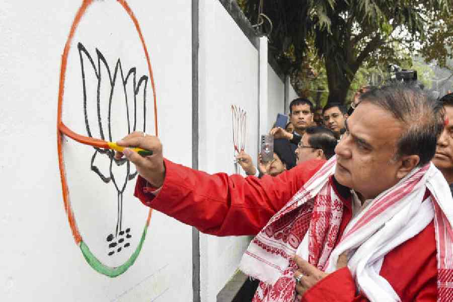 Himanta Biswa Sarma paints on a wall as part of a wall painting drive in Guwahati on Monday. 