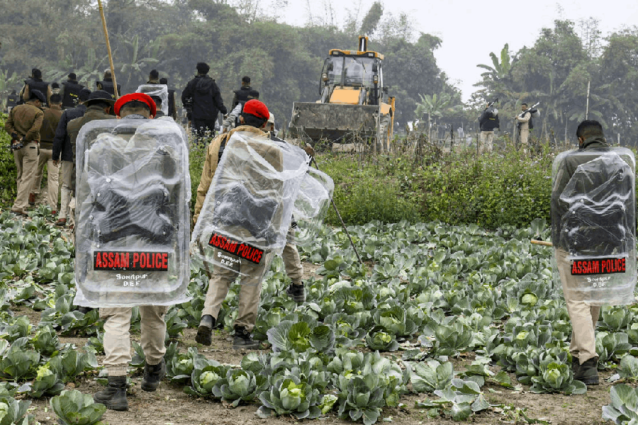 Security personnel keep vigil as a backhoe loader is deployed to clear alleged encroachments and illegally cultivated crops during an eviction drive at the Burhachapori Wildlife Sanctuary (WLS), in Assam's Sonitpur district, Tuesday, Jan. 6, 2026.