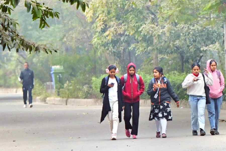 Few visitors to a foggy Rabindra Sarobar around noon on Tuesday. (Bishwarup Dutta)