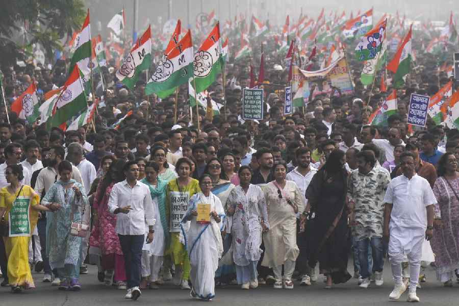 Mamata Banerjee leads a protest rally in Calcutta on November 4 against the SIR.