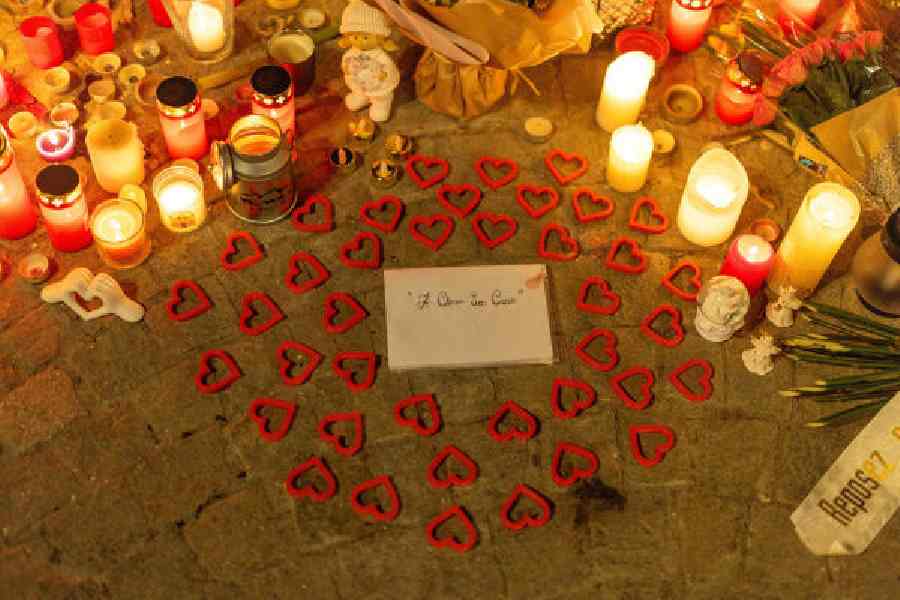 Forty heart figures outside Le Constellation bar in Switzerland, on Monday.