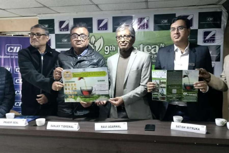 Members of the north Bengal chapter of the CII launch the poster of the “9th Tea Forum” in Siliguri on Tuesday. The event will be held at a tea resort on the outskirts of Siliguri on January 17 and 18.