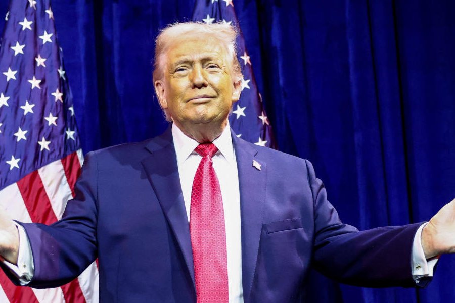 US President Donald Trump gestures as he arrives to address House Republicans at their annual issues conference retreat, at the Kennedy Center, renamed the Trump-Kennedy Center by the Trump-appointed board of directors, in Washington, D.C., US, January 6, 2026.