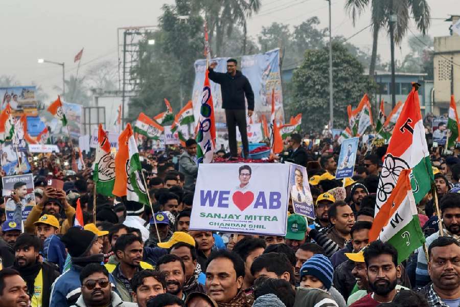 Abhishek Banerjee at the road show in Itahar, North Dinajpur, on Wednesday.