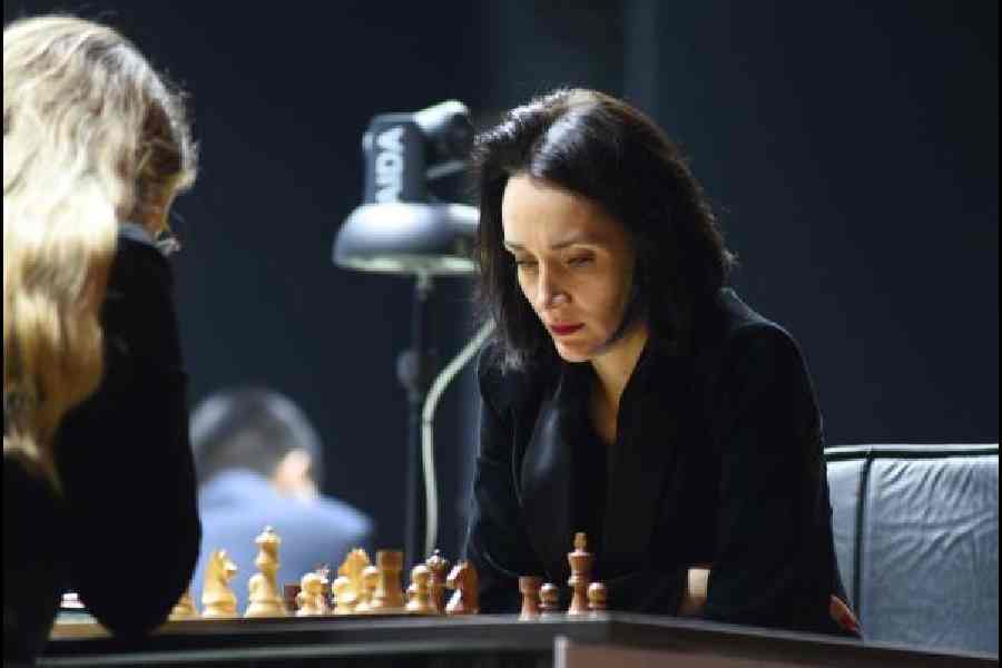 Kateryna Lagno stays focused during the rapid section of the Tata Steel India Chess at the Dhono Dhanyo Auditorium on Thursday. 