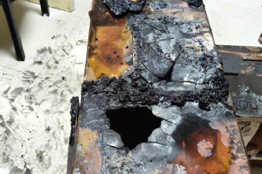 The room damaged in the fire at the SDO office in Siliguri on Thursday. Picture by Passang Yolmo