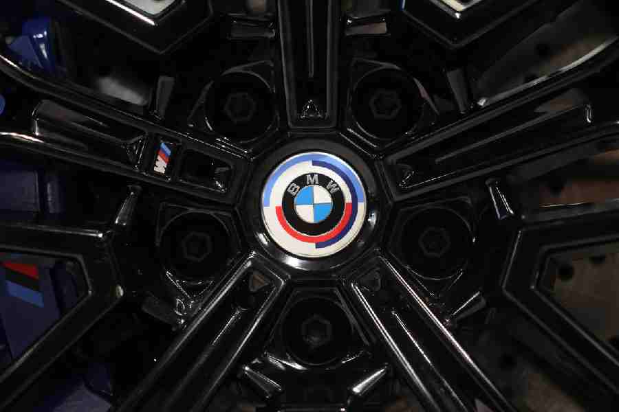 A logo on the wheel cap of a BMW M5 car at a showroom in Mumbai, India, January 8, 2026.
