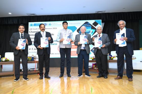 (From L to R) - Prof. K. Rangarajan - Chair, AIB SAC 2026 and Centre Head, IIFT Kolkata Campus, Prof. Debashis Chakraborty, Prof. Deepankar Sinha Prof. Deepankar Sinha Chair, Co-chair AIB SAC 2026 and Research Division Head, IIFT Kolkata Campus, Prof. Shaker A. Zahra, Carlson School of Management, University of Minnesota, USA, Prof. Rakesh Mohan Joshi – Vice Chancellor, IIFT and Prof. S. Raghunath - Chair, AIB-SAC Executive Board and Professor at IIM Bangalore unveiling the Book of Conference Proceedings.