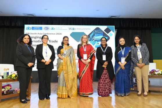 (From L to R) - The Women in AIB (WAIB) Panel featured Dr. Abhishikta Acharyya Roychowdhury, Executive Director, The Institute of Indian Foundrymen; Ms. Amita Khurana, Group Chief – Raw Materials Procurement, TATA Steel; Ms. Juin Choudhury, Head – Eastern Region, Federation of Indian Export Organisations (FIEO); moderation by Prof. Elizabeth Rose, Professor, IIM Udaipur,  Dr. Mou Sen, Joint Director, MSME&T Department, Government of West Bengal; Ms. Priyanka Tarafdar, Deputy Director, CAPEXIL; and Ms. Sonam Kasera, CEO, Kamrup Tea Company.