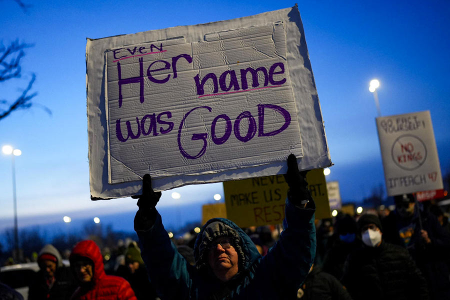 People protest against the fatal shooting of Renee Nicole Good by an ICE agent, in Minneapolis