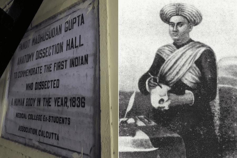 A plaque at Calcutta Medical College on Madhusudan Gupta