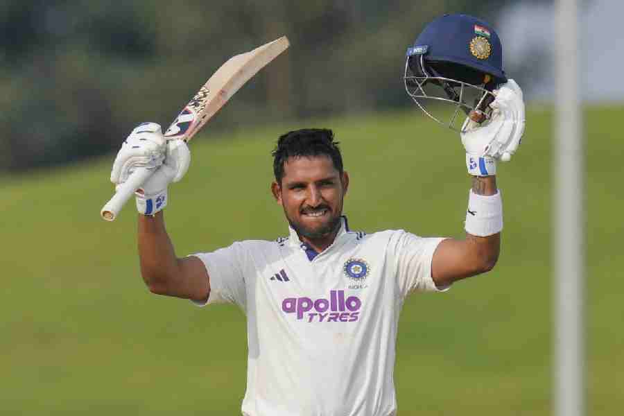 India A’s Dhruv Jurel celebrates his century on day three of the second unofficial four-day Test cricket match of a series between India A and South Africa A, at BCCI Centre of Excellence, in Bengaluru, Karnataka, Saturday, Nov. 8, 2025.