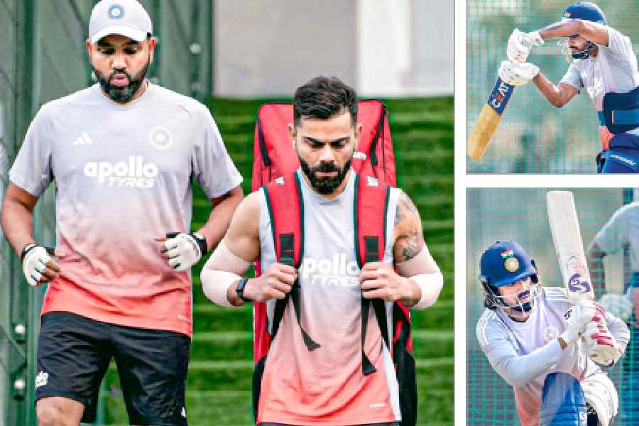 (From left) Former captains Rohit Sharma and Virat Kohli arrive for practice in Vadodara for the ODI series opener; Shreyas Iyer and KL Rahul at nets on Saturday.