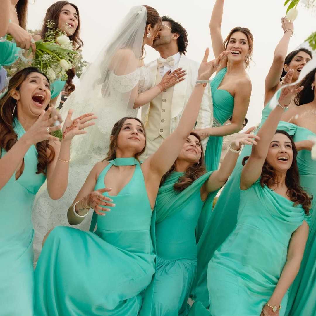 Actress Kriti Sanon looked gorgeous in a green dress alongside other bridesmaids at her sister's wedding.