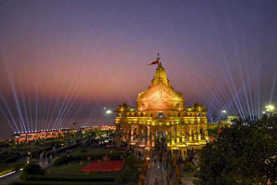 The illuminated Somnath temple in Gujarat on Friday. 