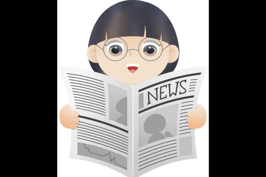 A girl reading newspaper with her glasses.