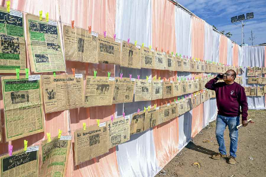 Century-old newspapers on display at an exhibition in Bikaner in December 2025.