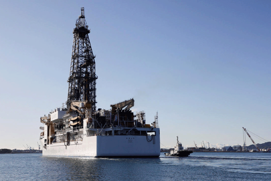 Japan's drilling-equipped research vessel Chikyu departs from Shimizu port to conduct a test recovery of rare-earth–rich mud near Minamitori Island, marking the world’s first attempt to continuously lift rare-earth seabed sludge from a depth of about 6 km onto a ship, in Shimizu, Shizuoka prefecture, Japan January 12, 2026.