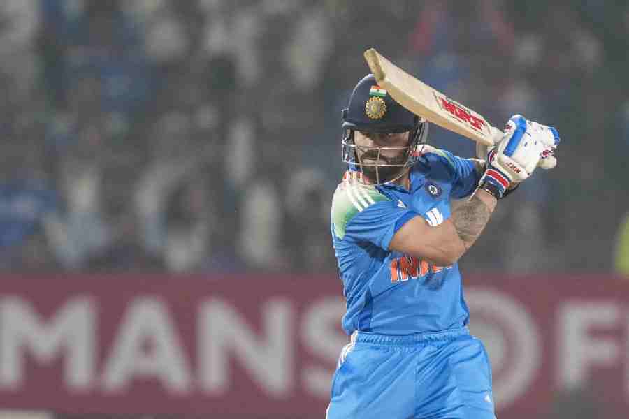 Virat Kohli plays a shot during the first ODI cricket match of a series between India and New Zealand, at Kotambi Stadium, in Vadodara, Gujarat, January 11, 2026.