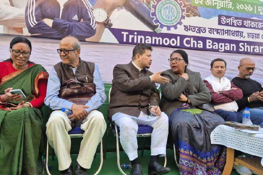 Ritabrata Banerjee (third from left) and other Trinamool leaders during the demonstration in front of the regional provident fund office in Jalpaiguri on Monday.